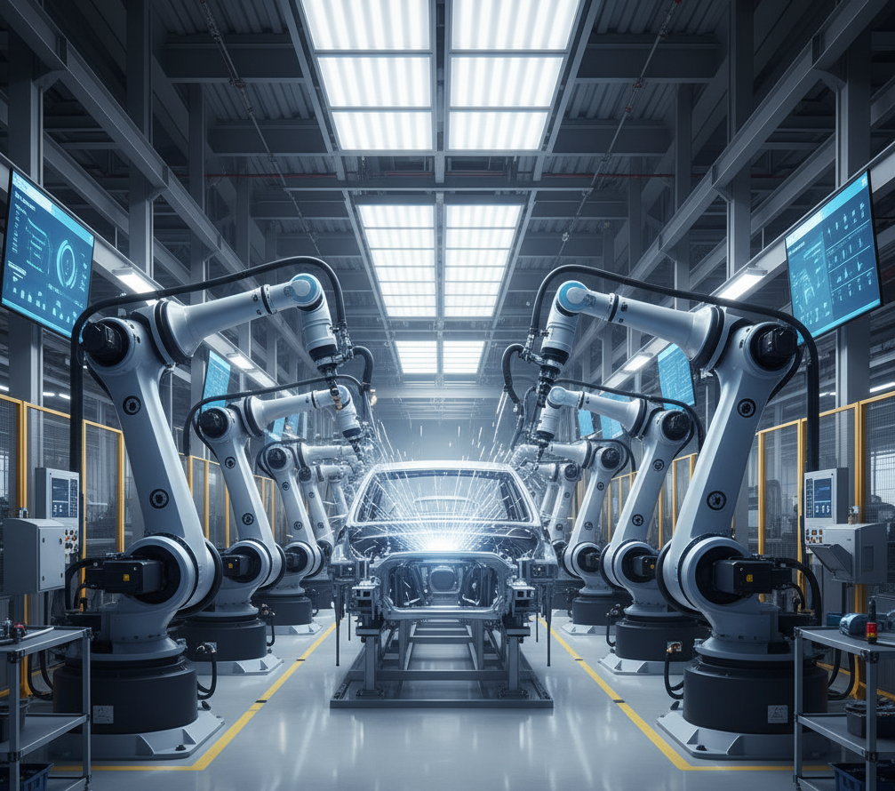 Modern automotive manufacturing plant with robotic welding and precision assembly, symbolizing SGI Auto’s commitment to quality