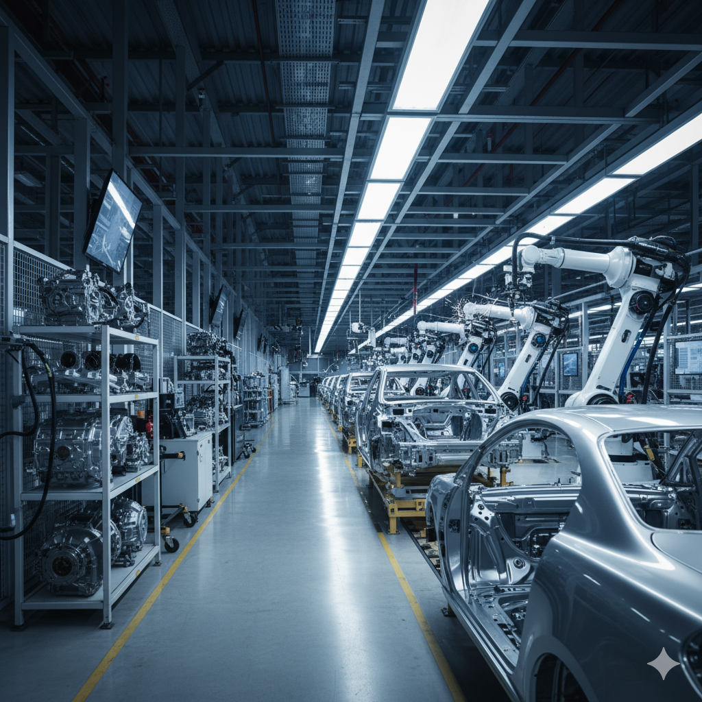 Products Modern automotive manufacturing facility with car parts and robotic machinery, representing SGI Auto’s reliable and innovative product solutions.