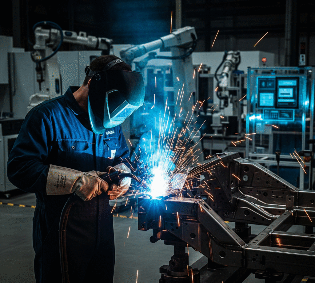 Automotive factory worker welding a metal assembly with sparks, wearing safety gear, in a high-tech, dramatic-lit production environment. automotive factory worker welding a metal assembly with sparks, wearing safety gear, in a high-tech, dramatic-lit production environment.