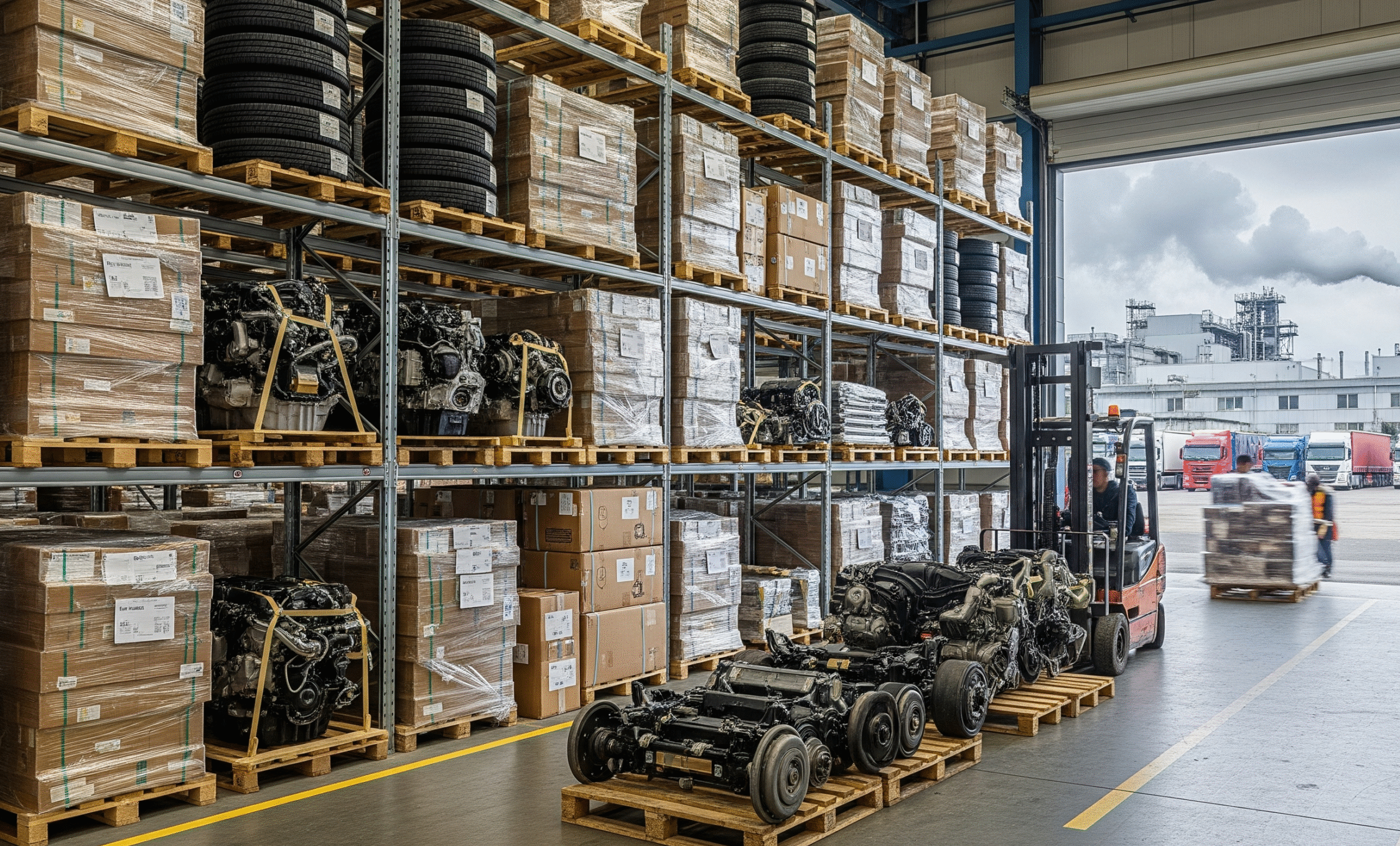 Logistics warehouse with packaged automotive components ready for shipment