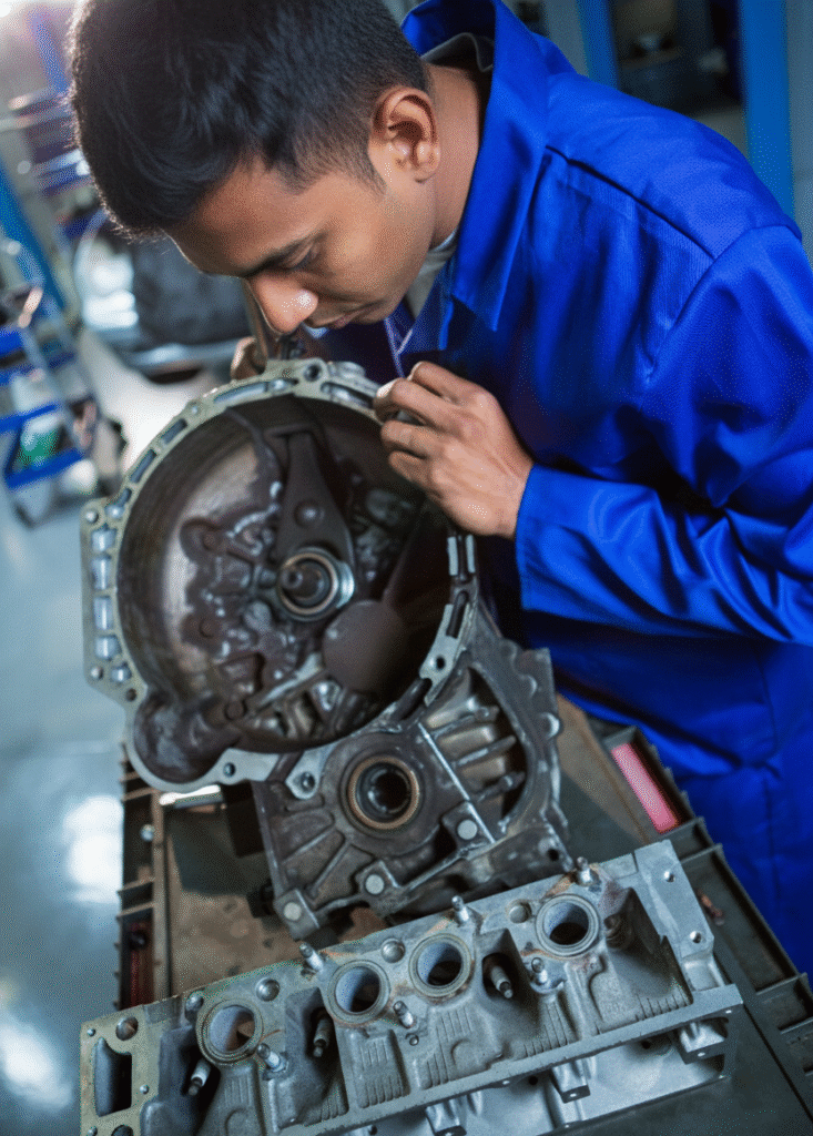 Indian mechanic inspecting automotive engine part in workshop An Indian mechanic in a blue uniform carefully examining an engine component in an industrial workshop.