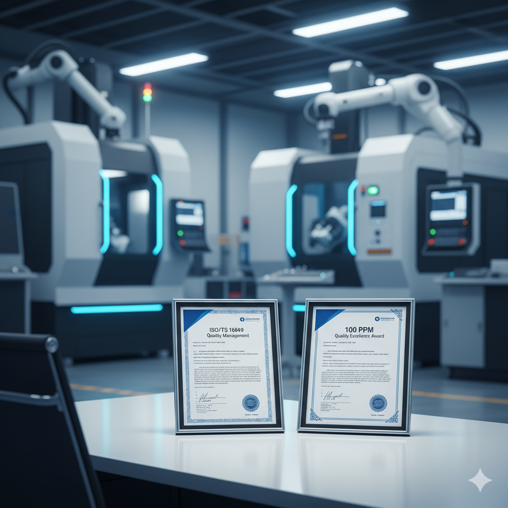 ISO/TS 16949 and 100 PPM certificates displayed in a professional automotive production setting, representing SGI Automotive’s commitment to international quality standards.