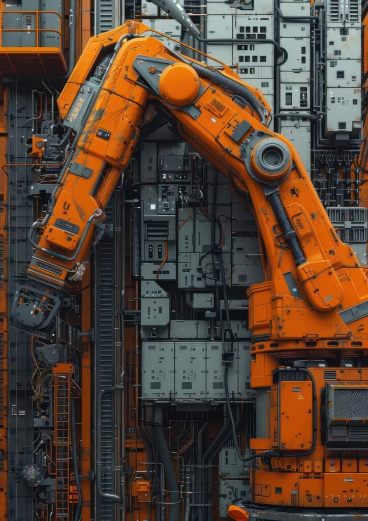 Engine Components Production a close up of an industrial robotic arm against a backdrop of machinery and circuitry.