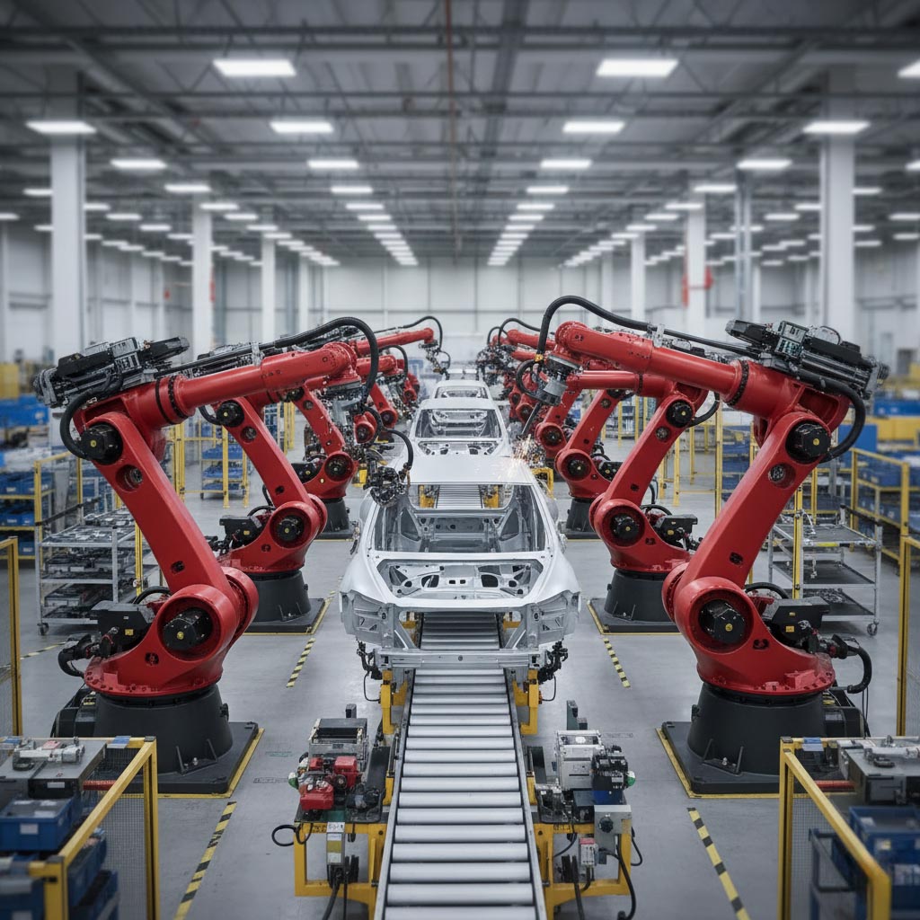 Automotive factory with robotics and modern assembly