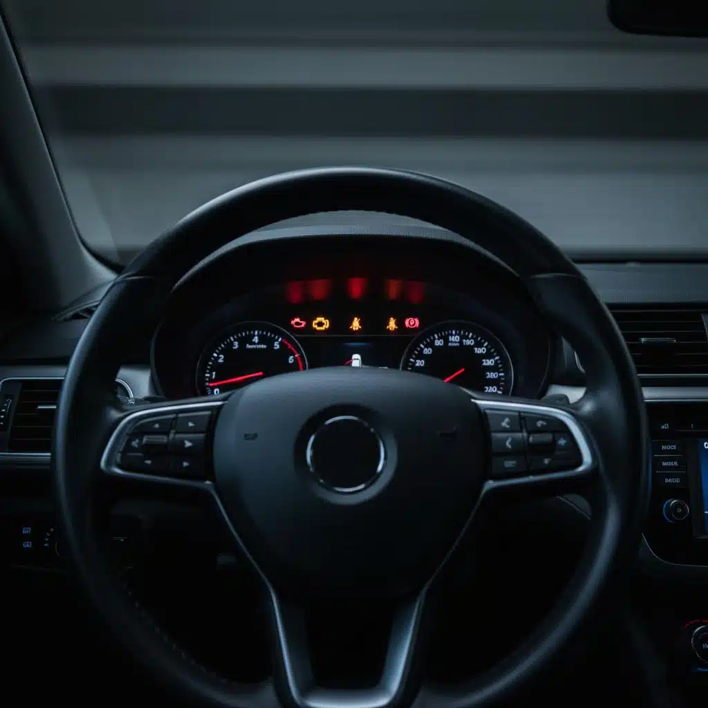 Car dashboard with warning lights for check engine, oil pressure, and coolant temperature