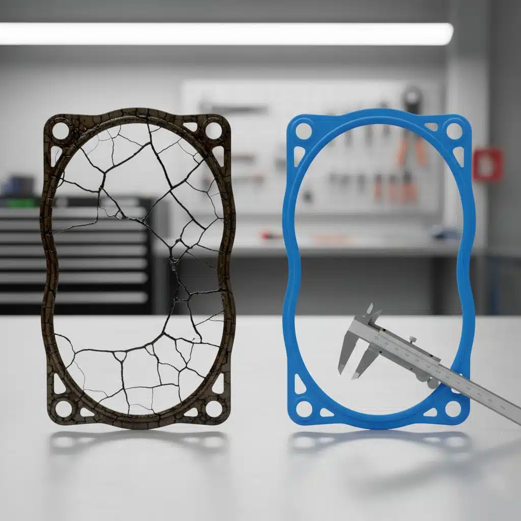 Comparison of cracked damaged gasket versus new OEM-quality gasket