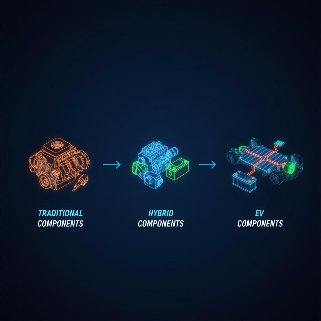 Collage of EV components and subsystems