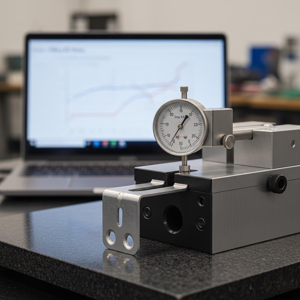 Dial indicator fixture for Gage R&R on a stamped bracket