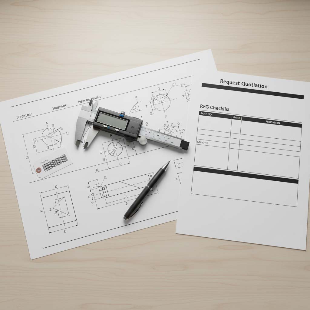 RFQ checklist flat-lay with drawings and gauges