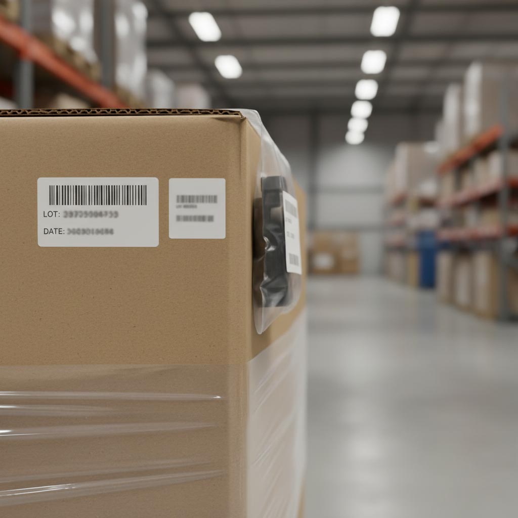 Export carton with barcode label and lot/date traceability