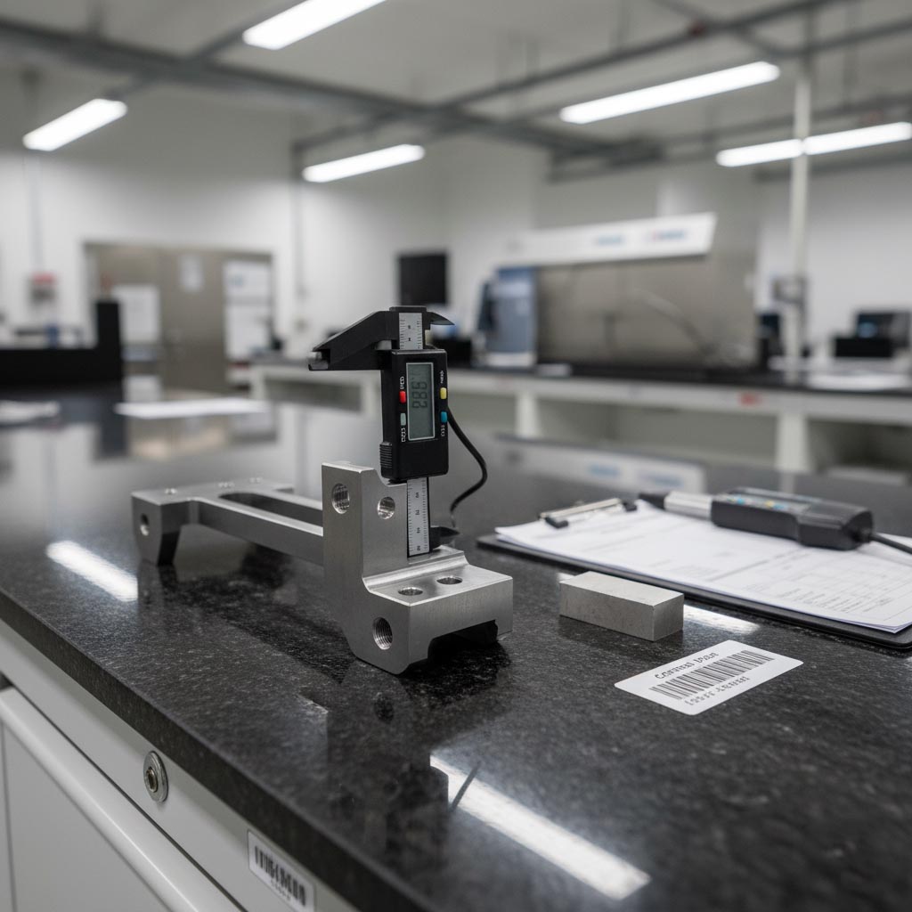 Welded bracket quality inspection with weld gauge and QC labels